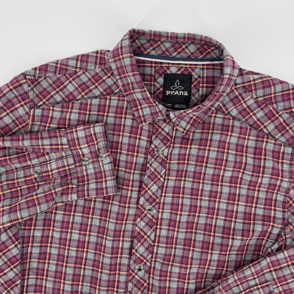 prAna Mens‎ Large Purple Gray Plaid Snap Button Shirt Outdoor Hiking Casual